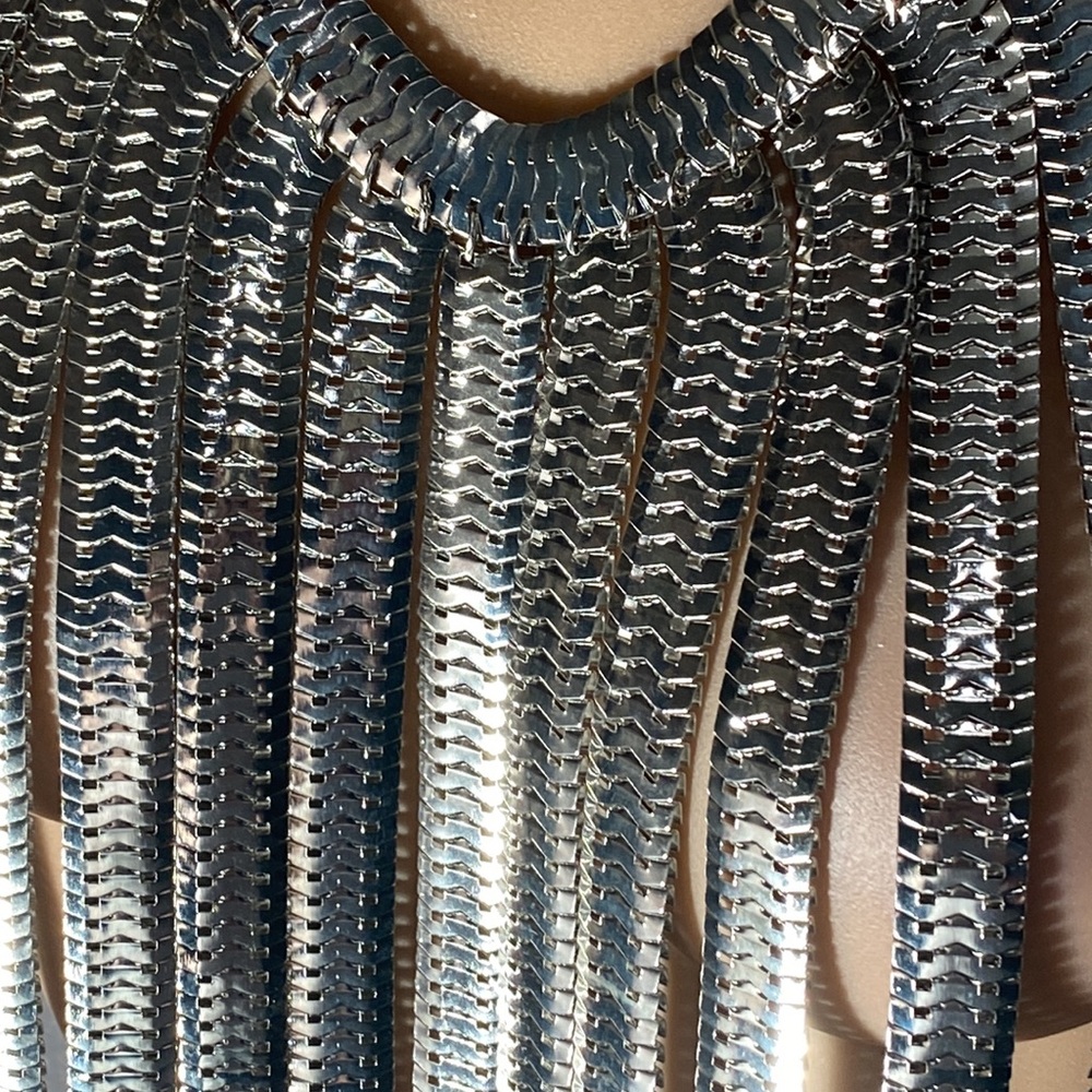 ENCOUR - necklace: thick long silvertone asymmetric fringe 1 of a kind statement - Picture 4 of 16